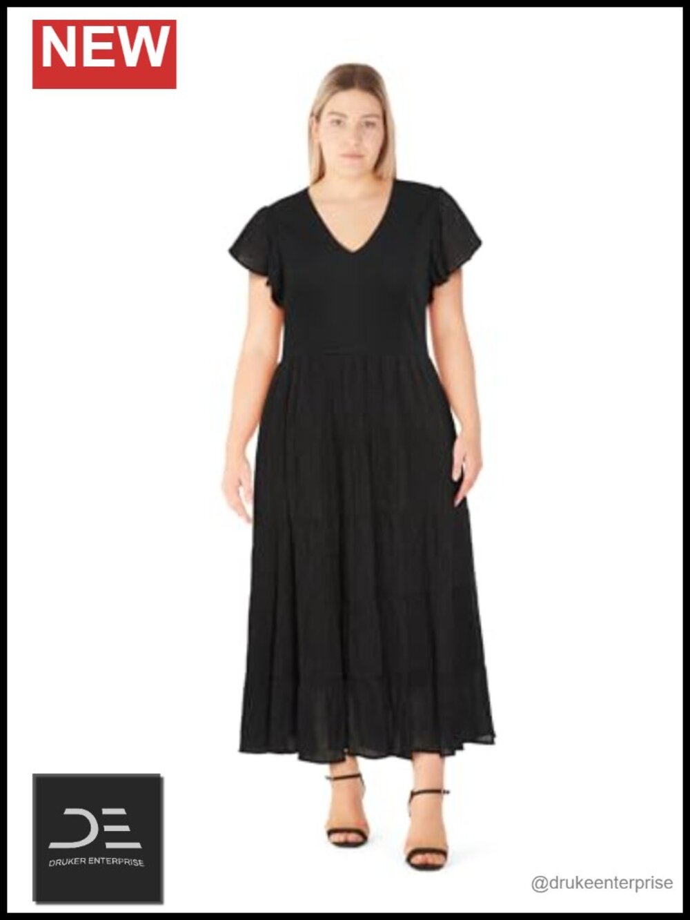 Plus Size V-Neck Flutter Sleeve Tiered Midi Dress